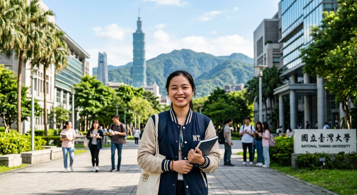 Vietnamese student smiling on Taiwan university campus